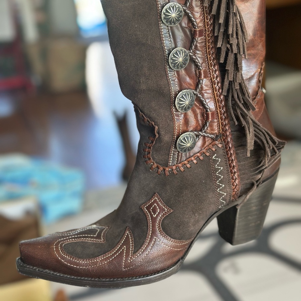 Double D Ranch Dark Brown Heeled Boots with Fringe